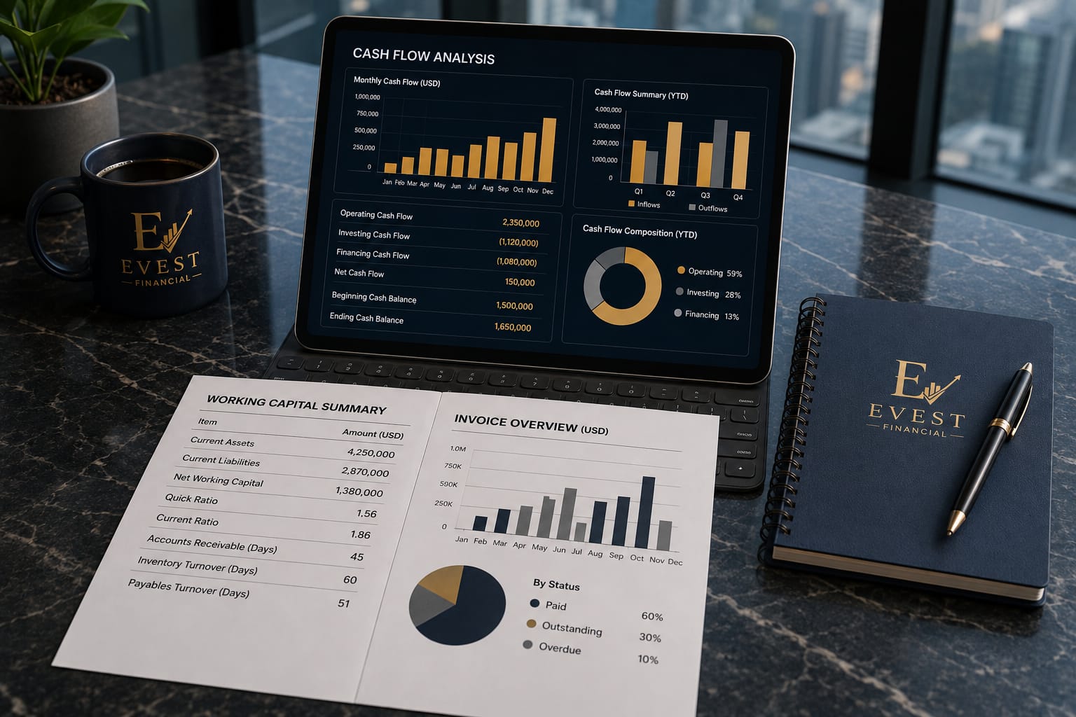 Tablet showing cash flow analysis on an office desk with EVEST branded items