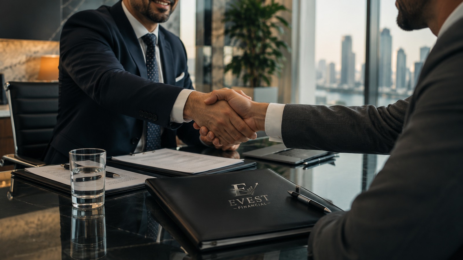 Business handshake with EVEST branded folder on the table
