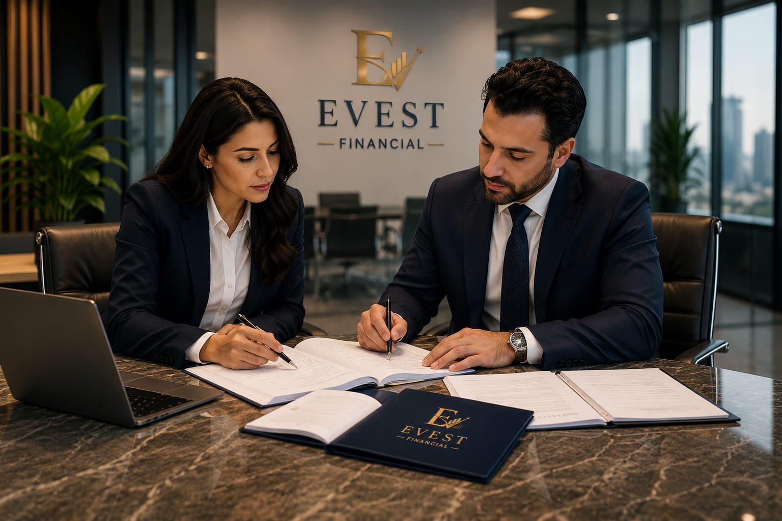 Two EVEST advisors reviewing transaction documents in the office
